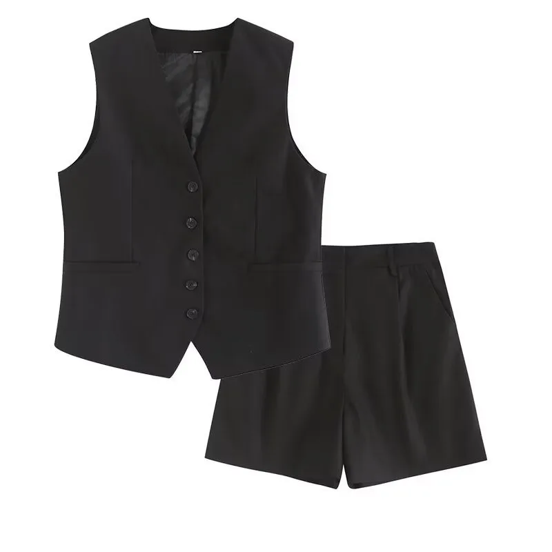 Moda feminina vinatge moda shorts conjunto sólido branco sem mangas colete + bolsos calças femininas duas peças conjunto rua roupa de mujer
