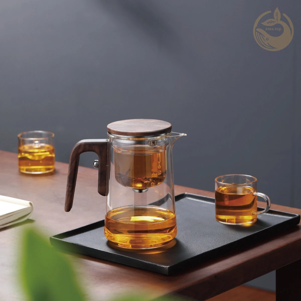 KTea Magical One-Key Brewing:  Real Walnut Glass Teapot with Infuser for Perfect Kung Fu Tea