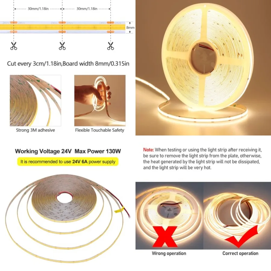 

49.2ft/15M DC 24V COB LED Strip Light 3000K 5760LEDs CRI 93+ 11000lm Uniform Glow IP20 Not Waterproof Flexible LED Tape Lights
