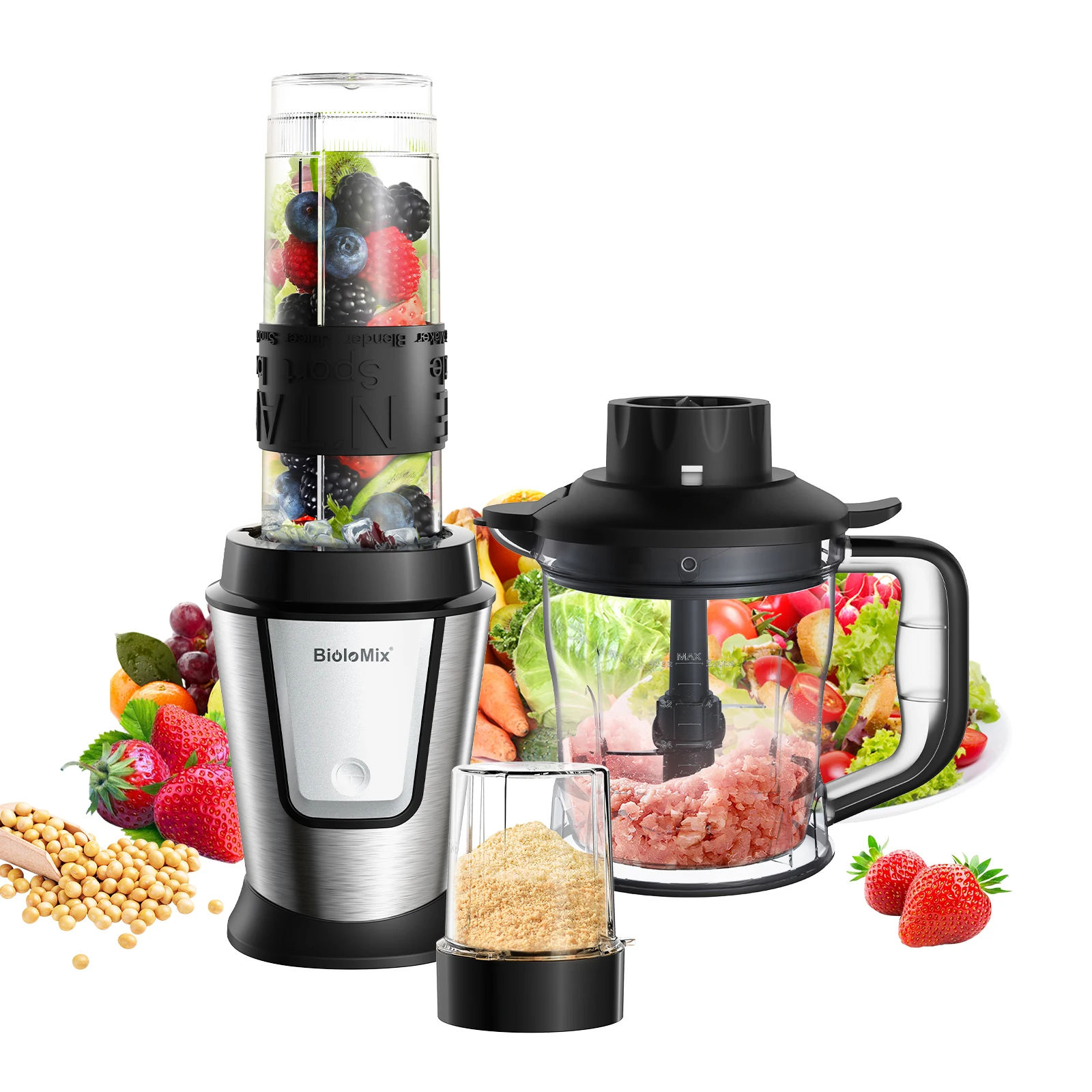 

BioloMix 3-in-1 Multifunctional Food Processor 700W Portable Juicer Blender Personal Smoothie Mixer Food Chopper and Dry Grinder