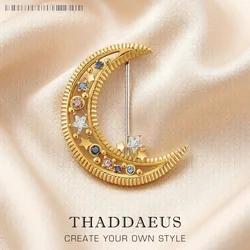 Colorful Moon Golden Brooch Brand New Fine Jewelry Romantic Gift For Women in Pure 925 Sterling Silver