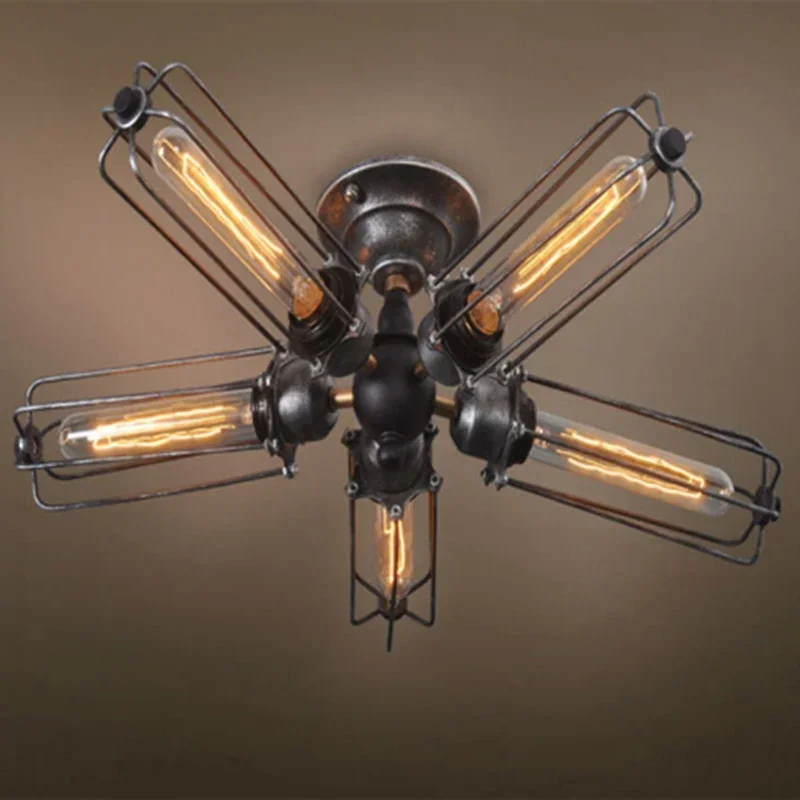 Vintage Industrial Metal Cage Ceiling Lamp - Steampunk Edison Flush Mount Barn Light Mini Art Chandelier for Home Decor