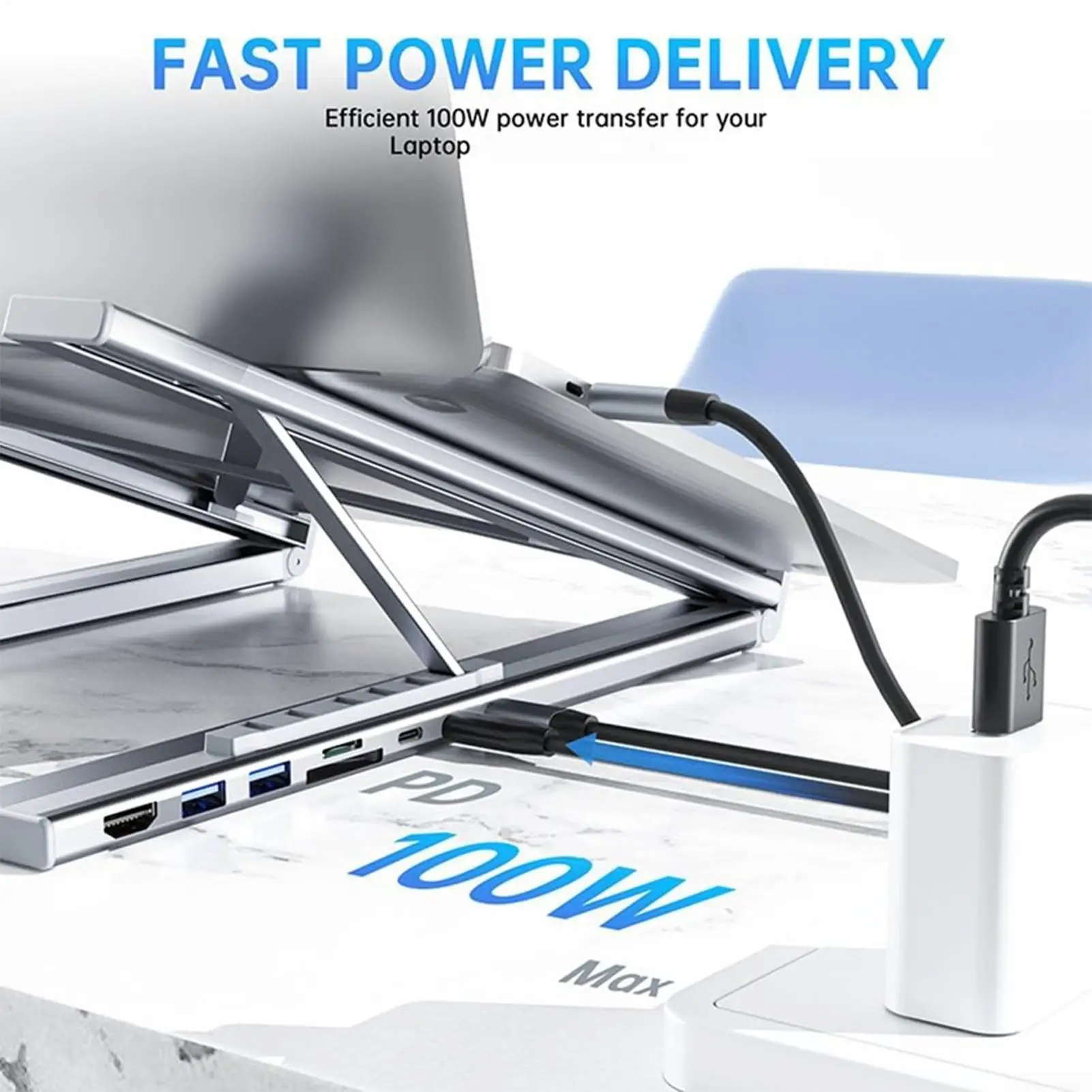 8-in-1 USB C Laptop Shelf With Docking Port Bracket Docking Station Aluminium Alloy Laptop Holder Adjustable Height Tablet Stand