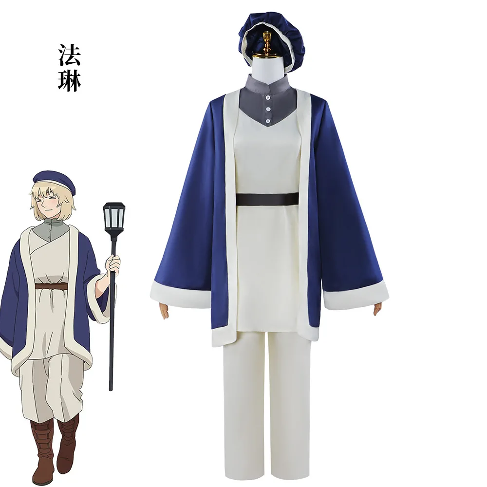 Disfraz de Anime Delicious in Dungeon para hombre y mujer, uniforme de Cosplay de Falin Touden, bata azul oscura, sombrero de Laios Touden, accesorios para fiesta de Halloween