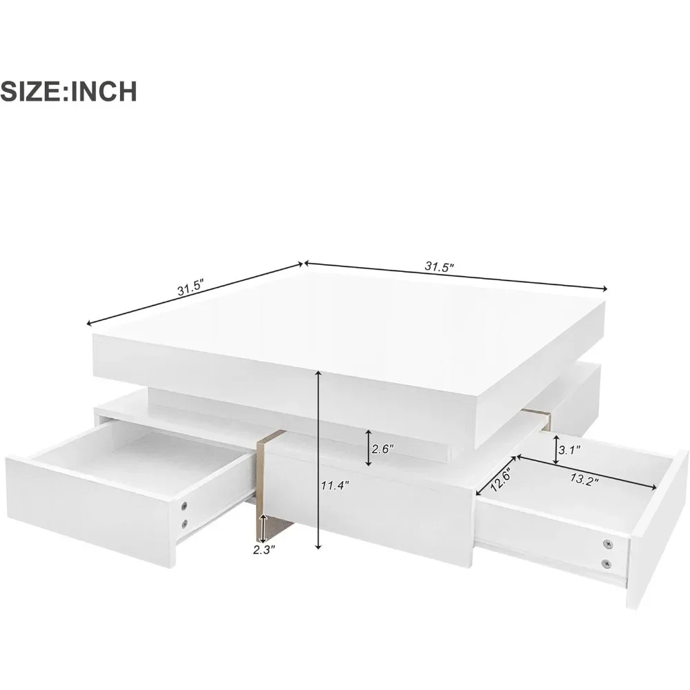 Modern Coffee Table with Storage, Contemporary Square Coffee Table with Drawers, High Gloss Modern Center Table for Living Room