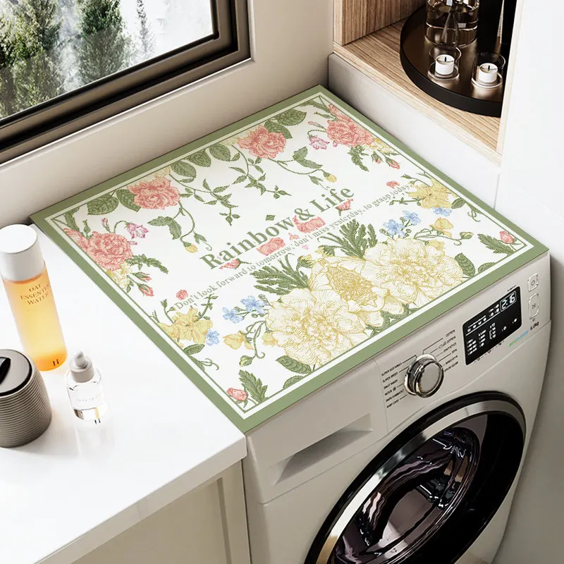 VIKAMA Fresh Fern Daisy Washing Machine Top Mat Green Frame Letter Print Waterproof Anti Dust Laundry Dryer Surface Pad Dust