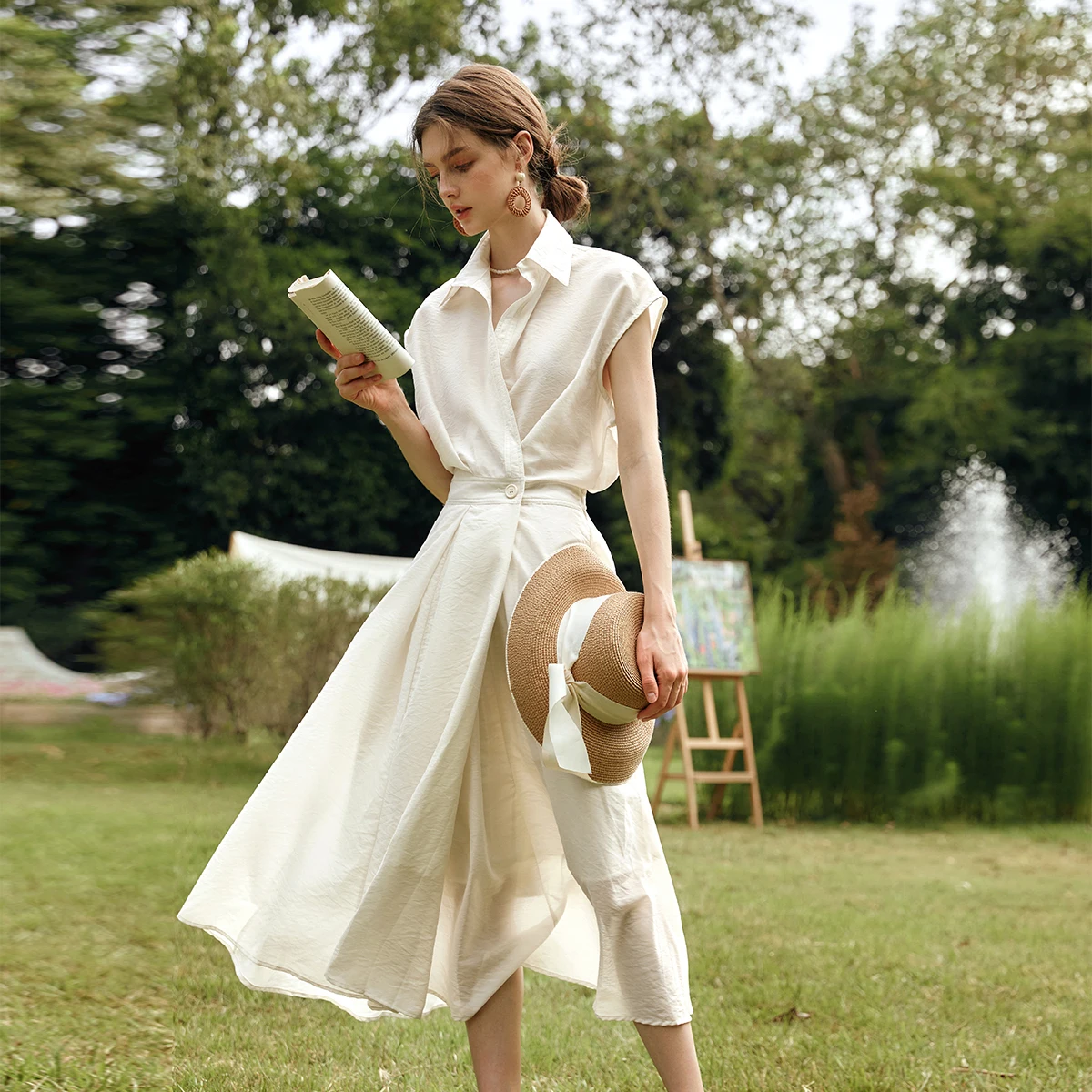 OLrain Donna Estate Lyocell Camicia Abiti 2025 Elegante Donna Vintage Manica corta Svasato Abito longuette Robe Femmes O57XL93151