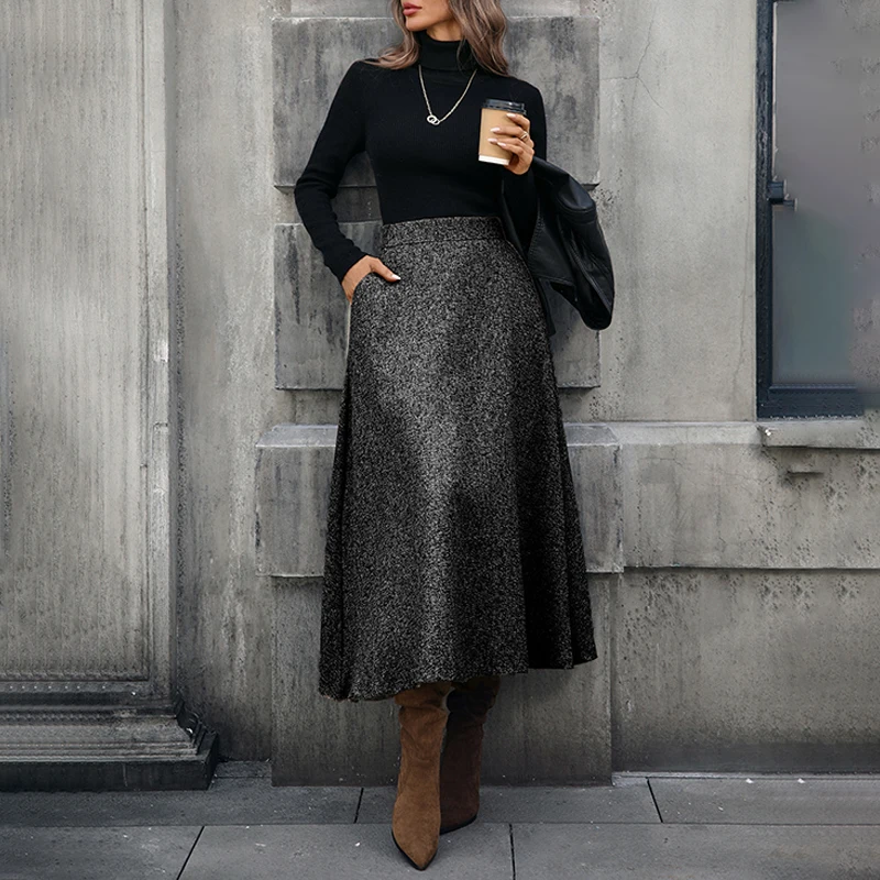 OMSJ 3 ألوان 2025 الخريف الشتاء خمر ألف اصطف سوينغ الصوفية تنورة المرأة مرونة عالية الخصر ميدي التنانير الطويلة ملابس الشارع الشهير غير رسمية