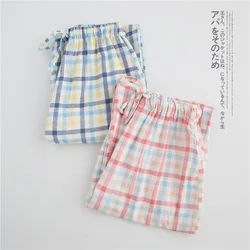 Summer Women 100% Cotton Yarn Sleeping Bottoms Female Nightwear Ladies Sweet Plaid Lounge Trousers Plus Size Homewear Pants