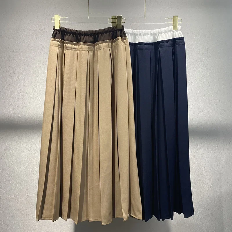 Niche 2024 autumn and winter new retro color contrast double waist head mid-length pleated skirt high-waist slimming skirt