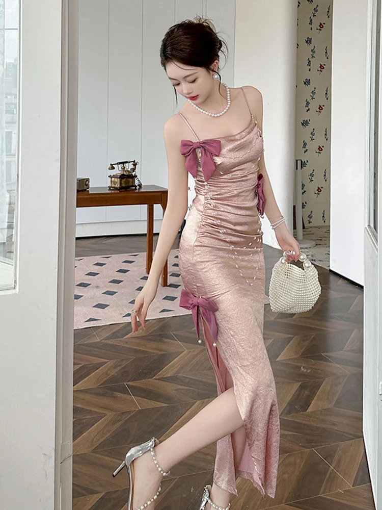 Kawaii – Robe de soirée longue en Satin rose pour femmes, douce et élégante, avec nœud mignon, bretelles en chaîne de perles, fente Maxi, robes de bal