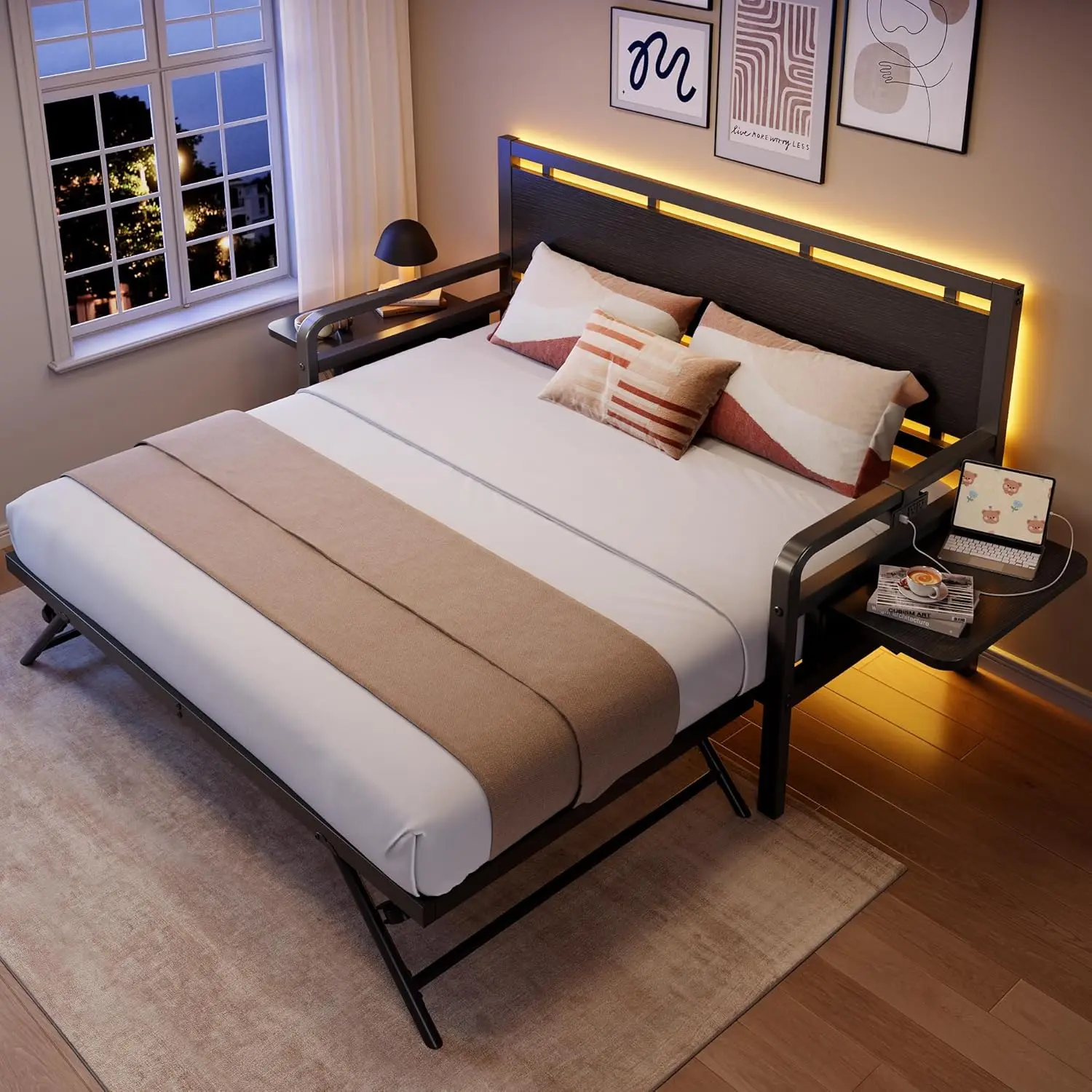 

Daybed with Trundle and LED Light Heavy Duty Metal Twin Bed Frame with Movable Charging Station Day Bed Pop Up Trundle Bed