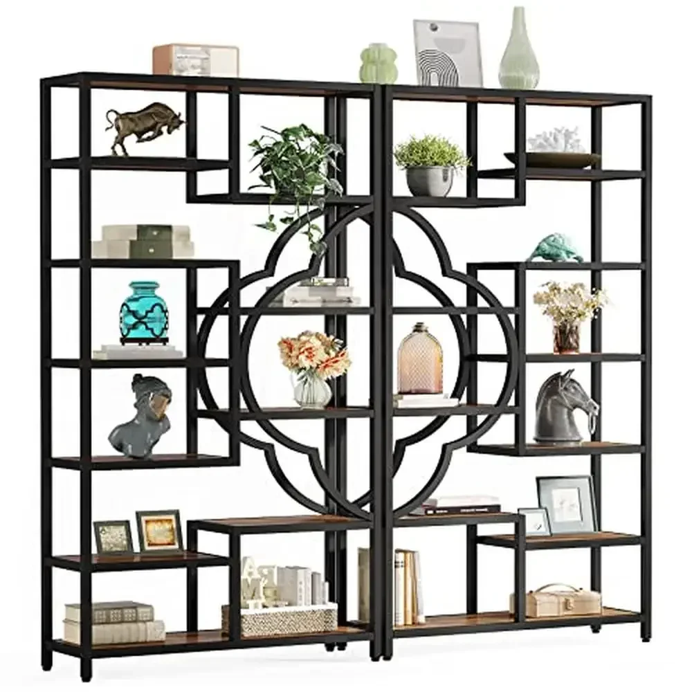 Industrial Asymmetrical Design Metal and Wood Bookshelf Set Home & Office Display