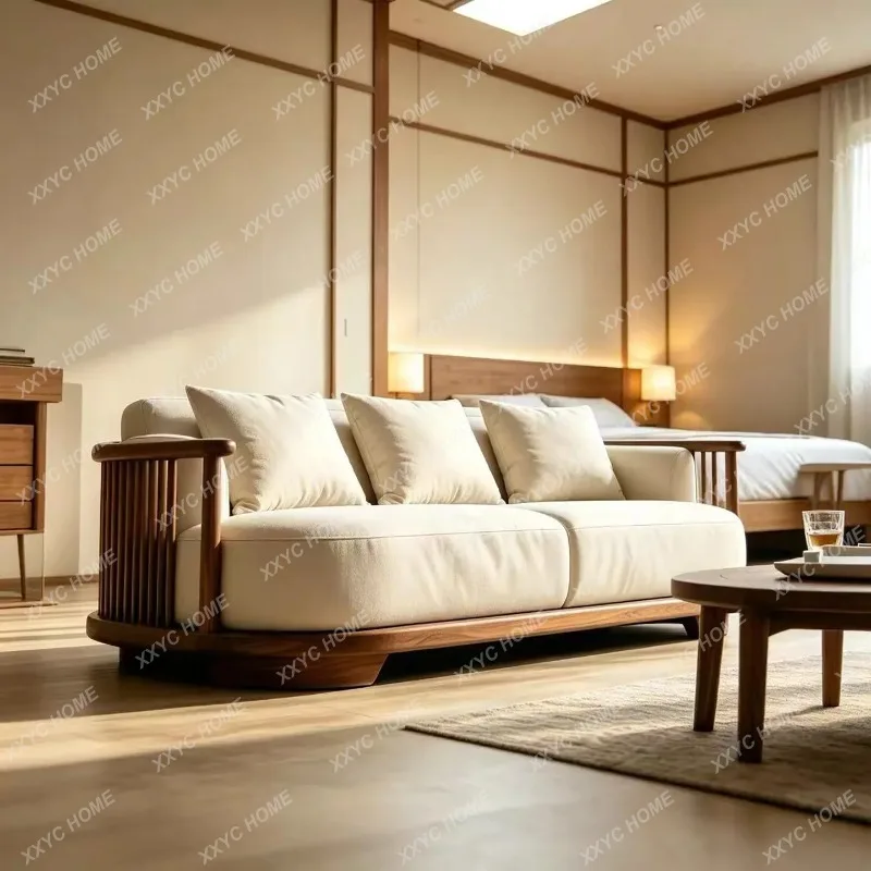 XX New Chinese-style black walnut sofa Modern simple vertical bar log wind fabric solid wood