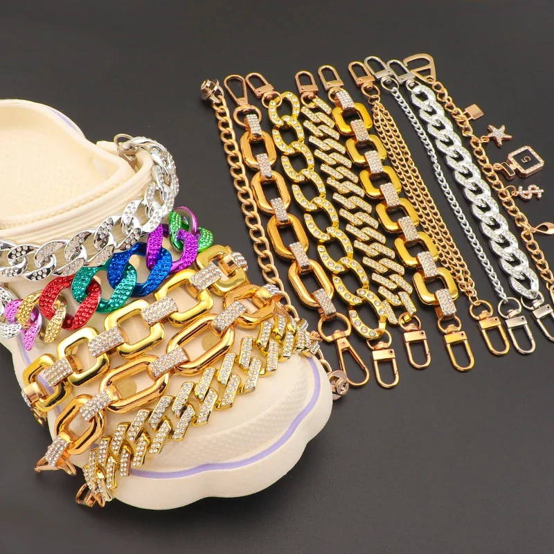 2 pçs diy punk metal corrente buraco sapatos decoração para homens mulheres sandálias moda luxo encantos de ouro chinelo acessórios destacáveis