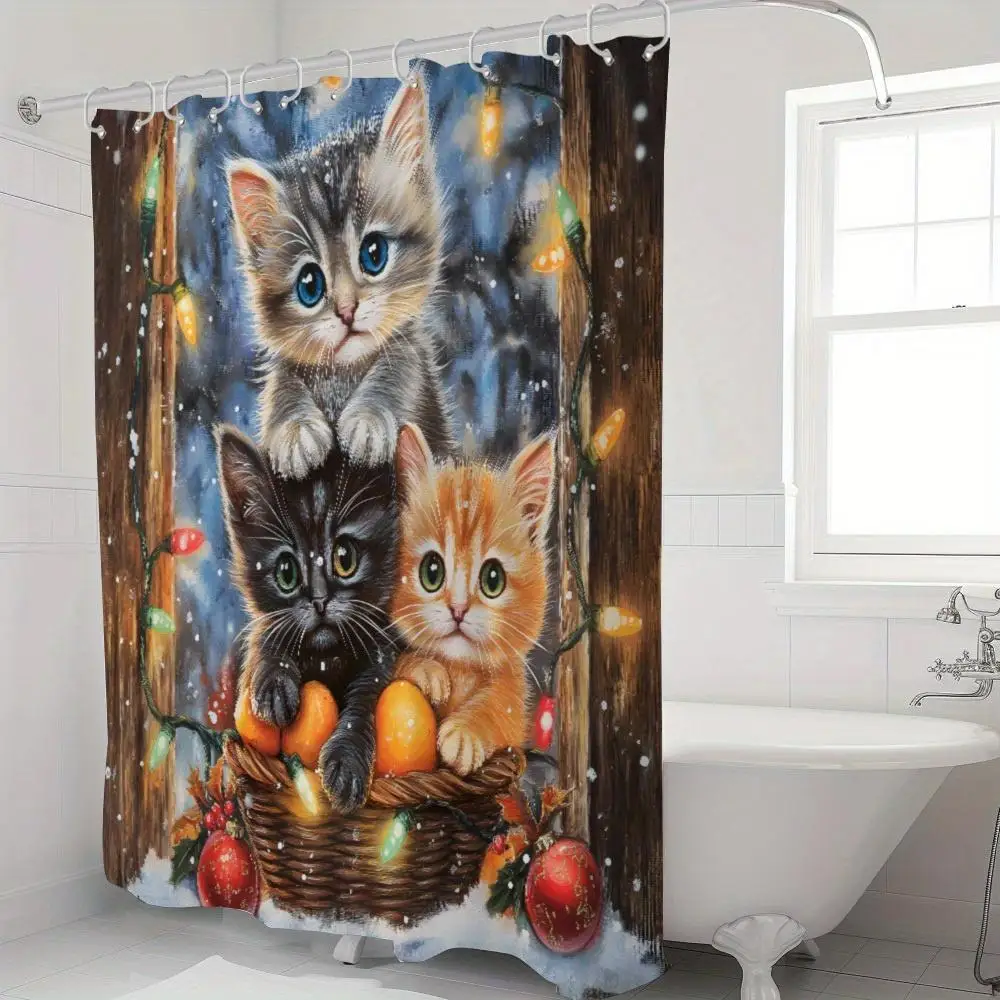 

Festive Christmas Shower Curtain Cute Kitten Cat Animal Holiday Bathroom Decor Waterproof Xmas Gift Bath Accessories