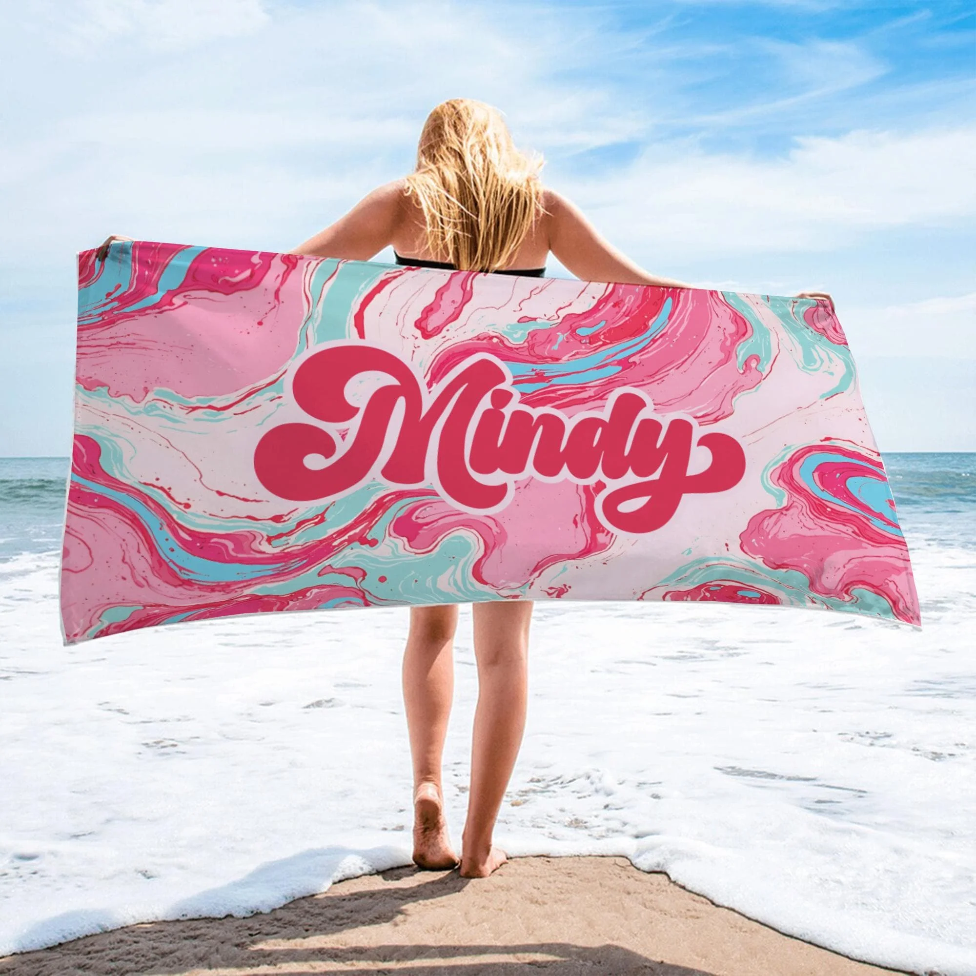 Rosa individuelles Strandtuch mit Namen, leichtes, personalisiertes Strandtuch für Mädchen, Mädchen, Pool-Party-Handtuch, rosa Junggesellenabschied