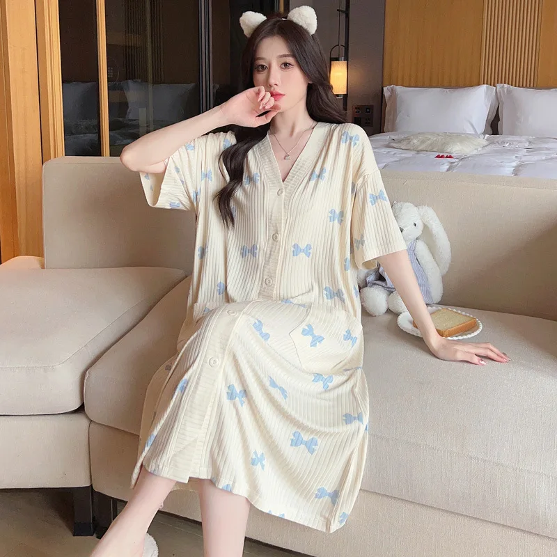 モーダルマタニティパジャマ女性看護ホームウェア夏ソフト快適なマタニティナイトガウン半袖ナイトドレスパジャマ