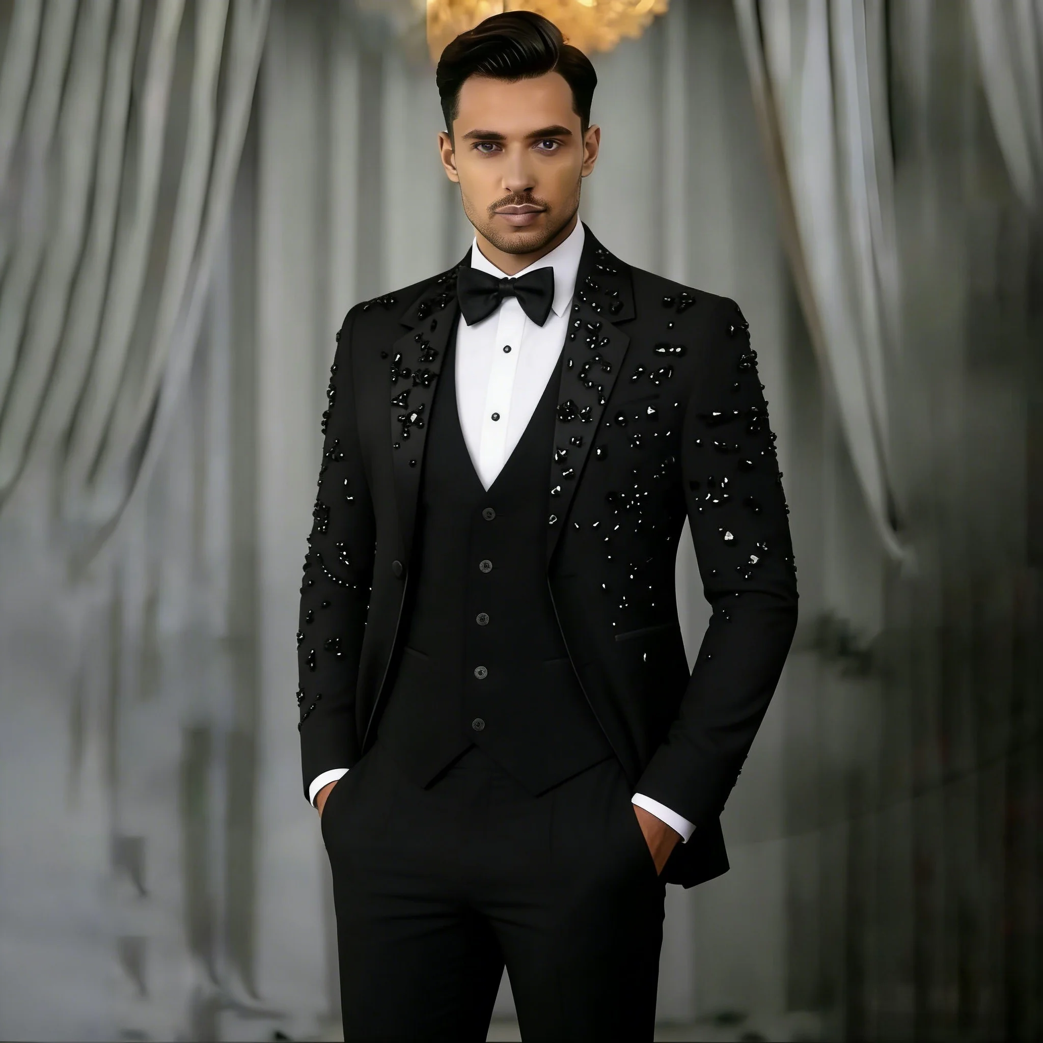 Formal Black Gold Crystal Men's Suit 3 Pieces Wedding Groom Sets Groomsmen Slim Fit Suits Set Party Prom Wear Elegant Tuxedo