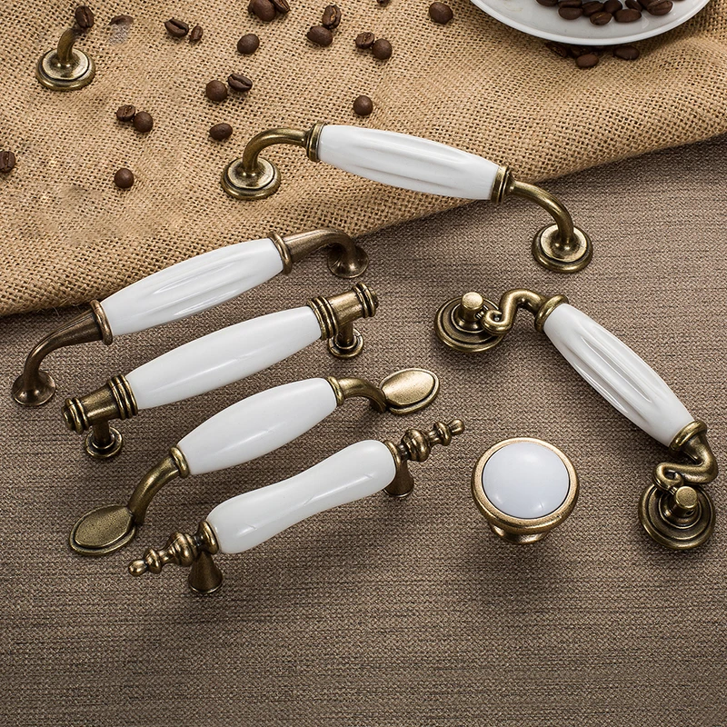 Antique Bronze White Ceramic Cabinet Handles Zinc Alloy Drawer Knobs Wardrobe Door Handle Simple European Furniture Hardware