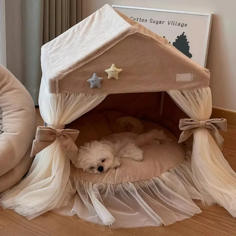 All Seasons Lace Princess Pet Bed | Fashion Semi-enclosed Creative Plush Nest Tent for Indoor Cats & Small Dogs