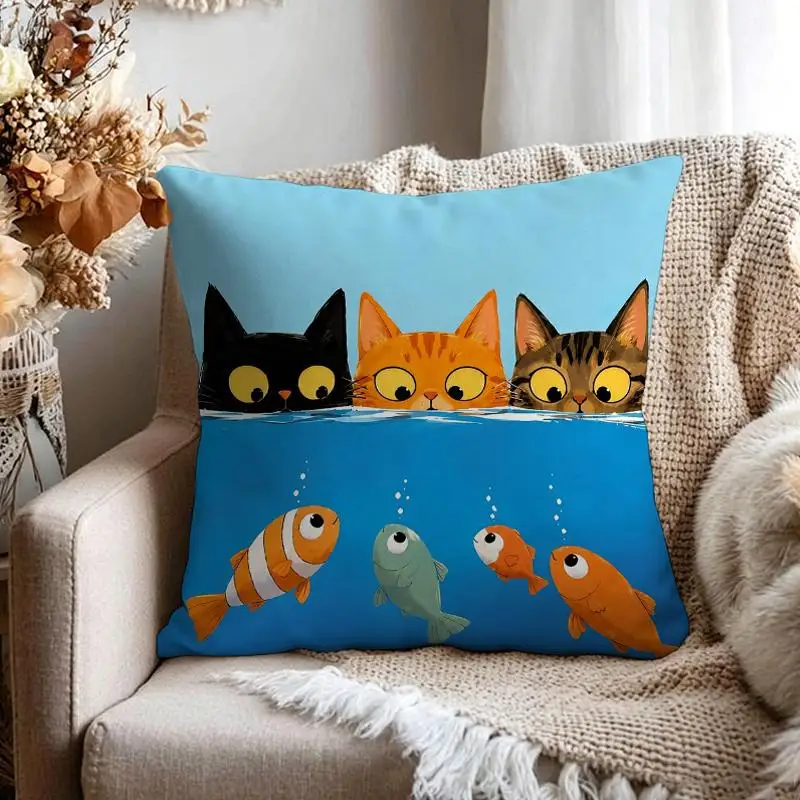1pc 1pcs Cat Watching Fish Pillow Cover Suitable for Pet Lovers, Soft Zippered Cushion Case with Kitten & Fish Print, Double-Sided Decor for Room,,, Machine Washable Cover Only (No Insert)