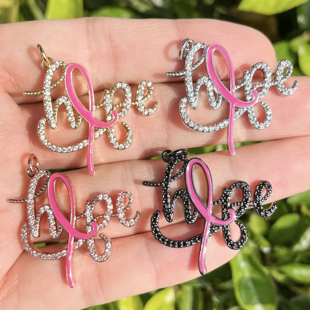 5Pcs Cubic Zirconia Pave Hope Word Charms Breast Cancer Awareness Pendant For Woman Bracelet Necklace Bangle Jewelry Making