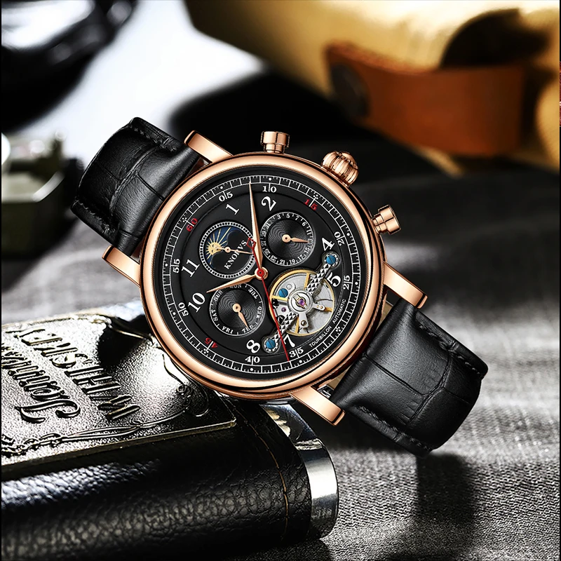 Kinyued Luxury Brand Watch Hollow Design Multifunction Leather Strap Business Watch For Men Waterproof Hand Clock