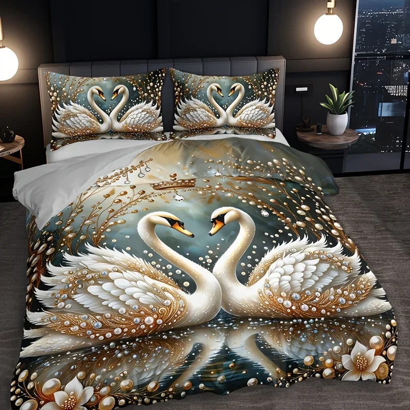 Crown Swan Gemstone Duvet Cover Set High-Definition Print 1 Duvet Cover + 2 Pillowcases Inserts for Home and Dorm
