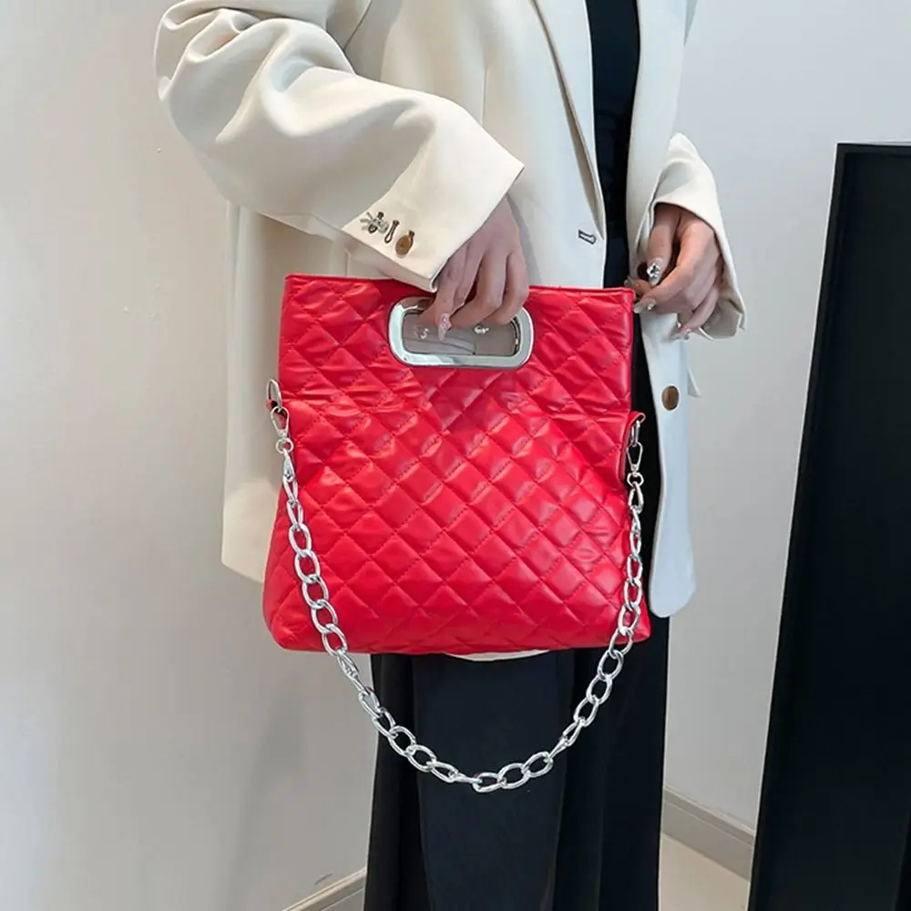 

Solid Color Folding Handbag Korean Style Phone Purse Chain Shoulder Bag Grid Patterned Underarm Bag Evening Clutch Bag Girl