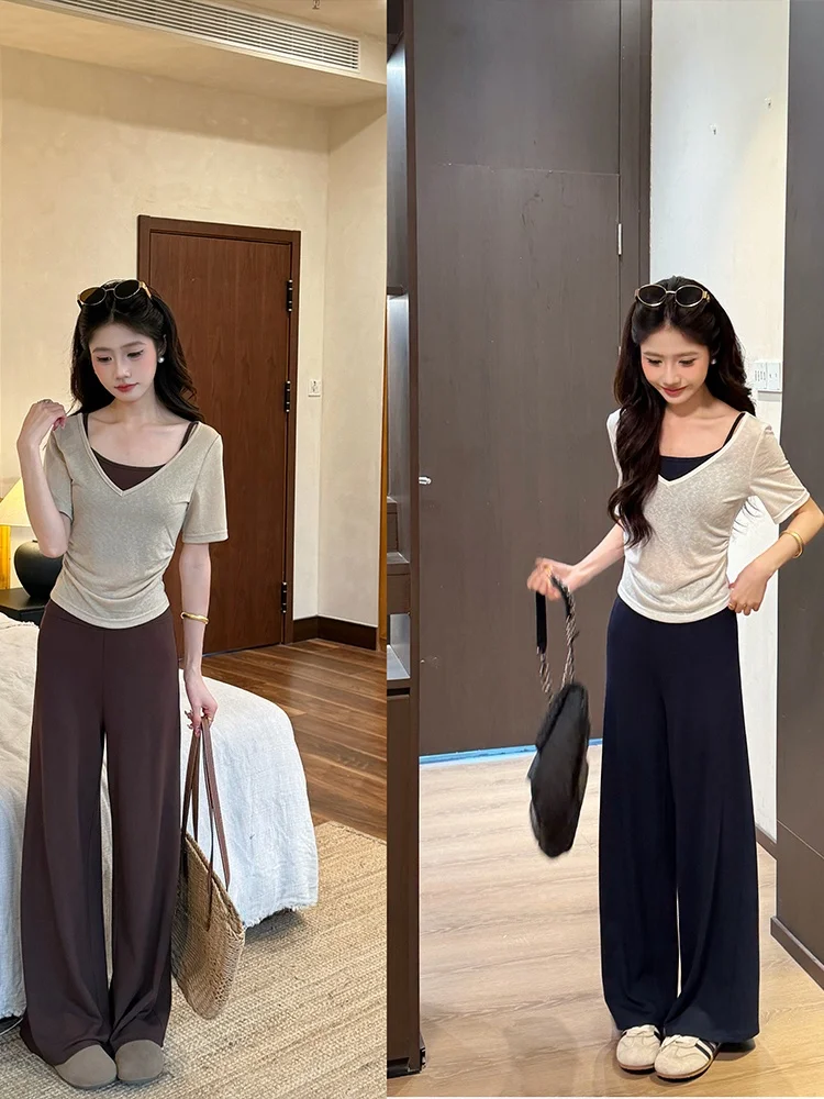 

Casual Aesthetic Summer Three-Piece Set Strap Short Sleeve High Waist Wide Leg Pants Slimming High-Rise Women's Fashion Ensemble
