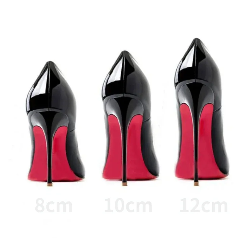 Zapatos de tacón alto con suela roja para mujer, calzado Sexy con punta puntiaguda de 12cm, para vestido de novia, Color negro Nude, Fondo de goma roja, de marca