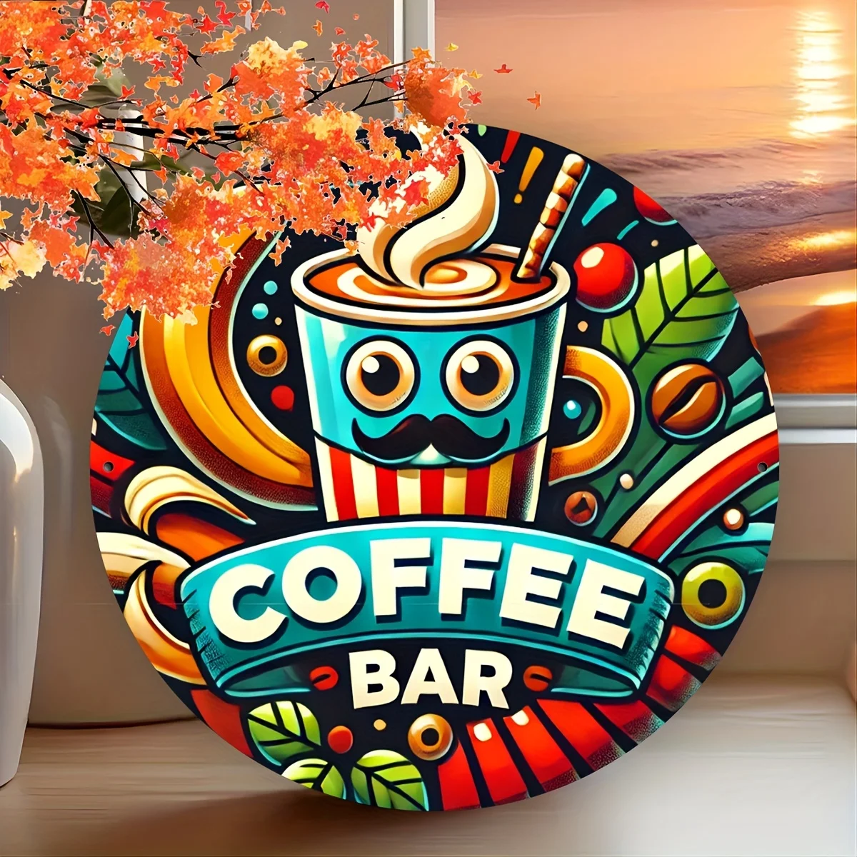 Coffee Bar Funny Mustache Coffee Cup Print 2D Round Metal Tin Sign 7.87x7.87 Inch Colorful Bean Leaf Iron Plaque Cafe Kitchen Wa