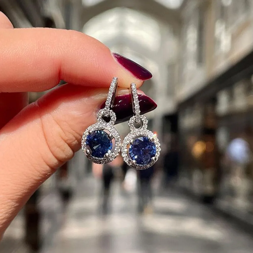 Luxury Female Earrings 925 Sterling Silver Royal Blue Round Zircon Long Tassel Earrings for Women Girls Valentine's Day Jewelry