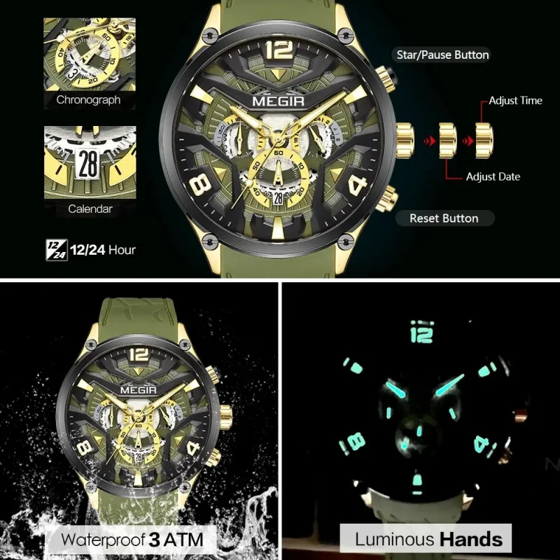 MEGIR 2222 Men\'s Watch Brand Vintage Multifunctional Chronograph Silicone Band Waterproof Luminous Sport Quartz Wristwatch Clock