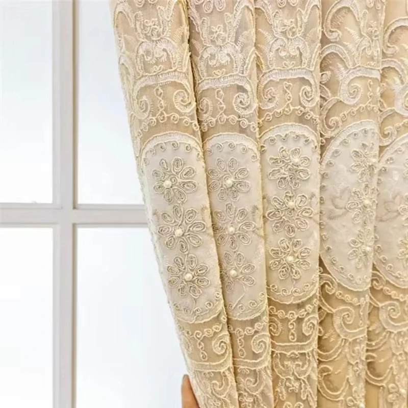 

Luxury 3D Floral Embossed Curtains for Living Room Bedroom Decor Blackout Double Layer Sheer Pearl Embroidered Lace Tulle Custom