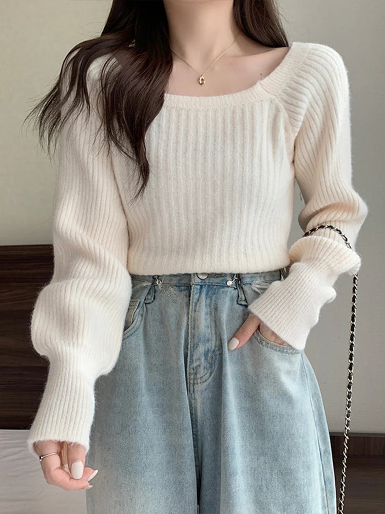 Herbst Winter Lose Frauen Pullover Casual Weiche Lange Puff Sleeve Pullover Jumper Strickwaren Grundlegende Pullover Für Frauen Tops – Detail 6