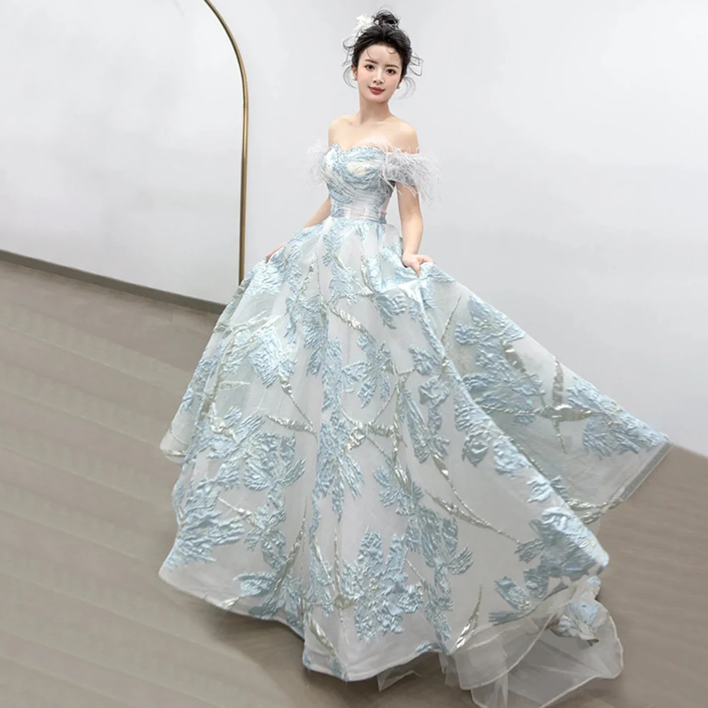 

Elegant Light Blue Sling Dress Women's Sweet Feather Off Shoulder Backless Prom Gown Slim Fit A-Line Quinceanera Party Vestido