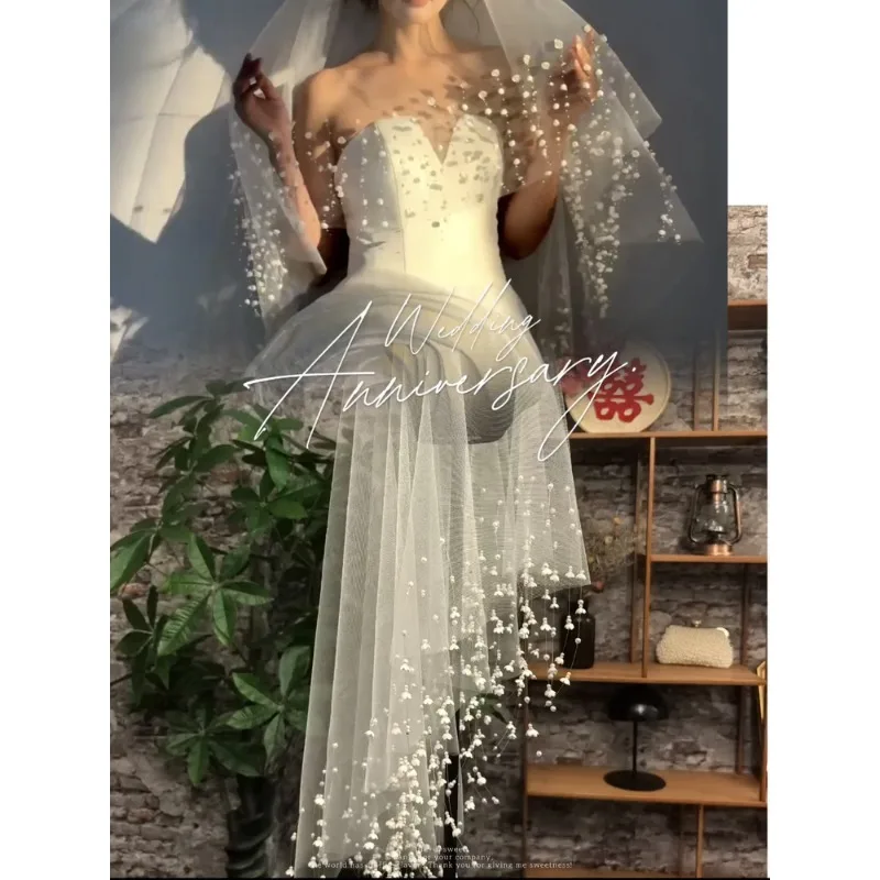 

Белая однослойная полупрозрачная вуаль Mori Lily of the Valley Super Immortal Luxury Wind с кисточками для взрослых в стиле ретро для невесты