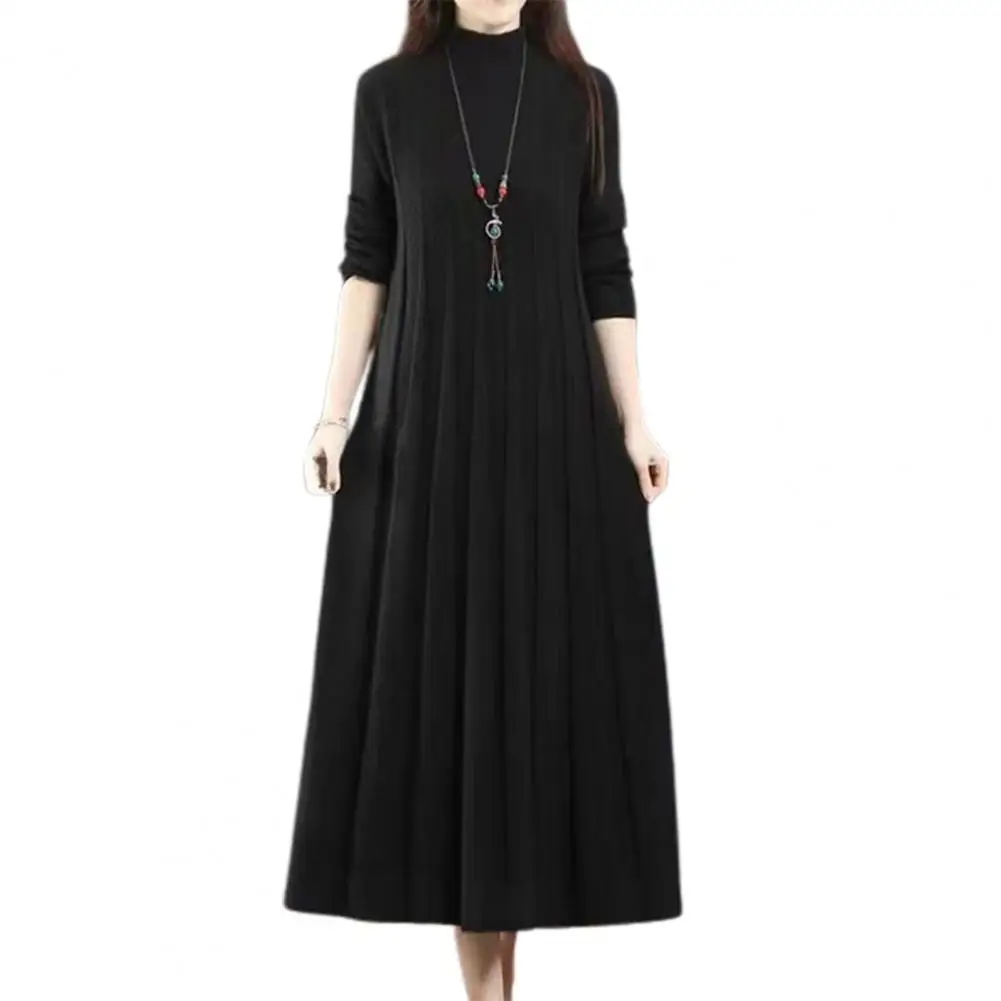 

Solid Color Women Dress Loose Waistline Dress Cozy Knitted A-line Midi Dress Warm Pleated Stylish for Women's Fall/winter