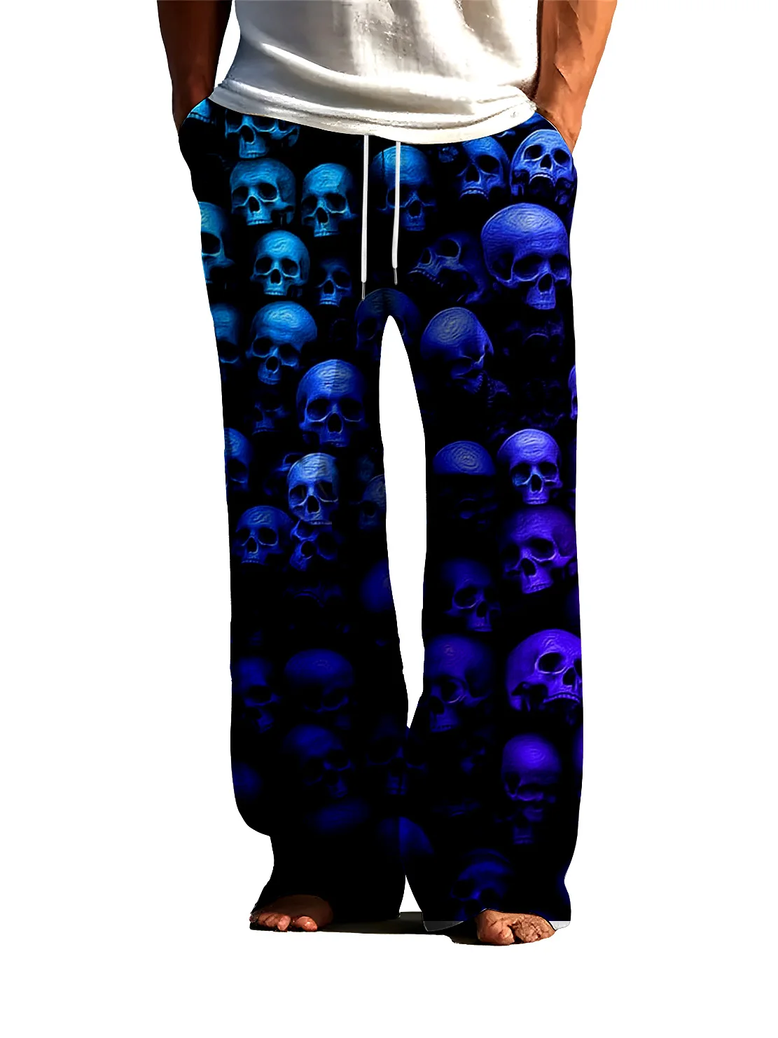 Bold Men\'s Skull 3D Printed Sleeper Pants Ice Silk Air Conditioning Home Skin friendly Sleeper Pants Can Be Wearing Externally