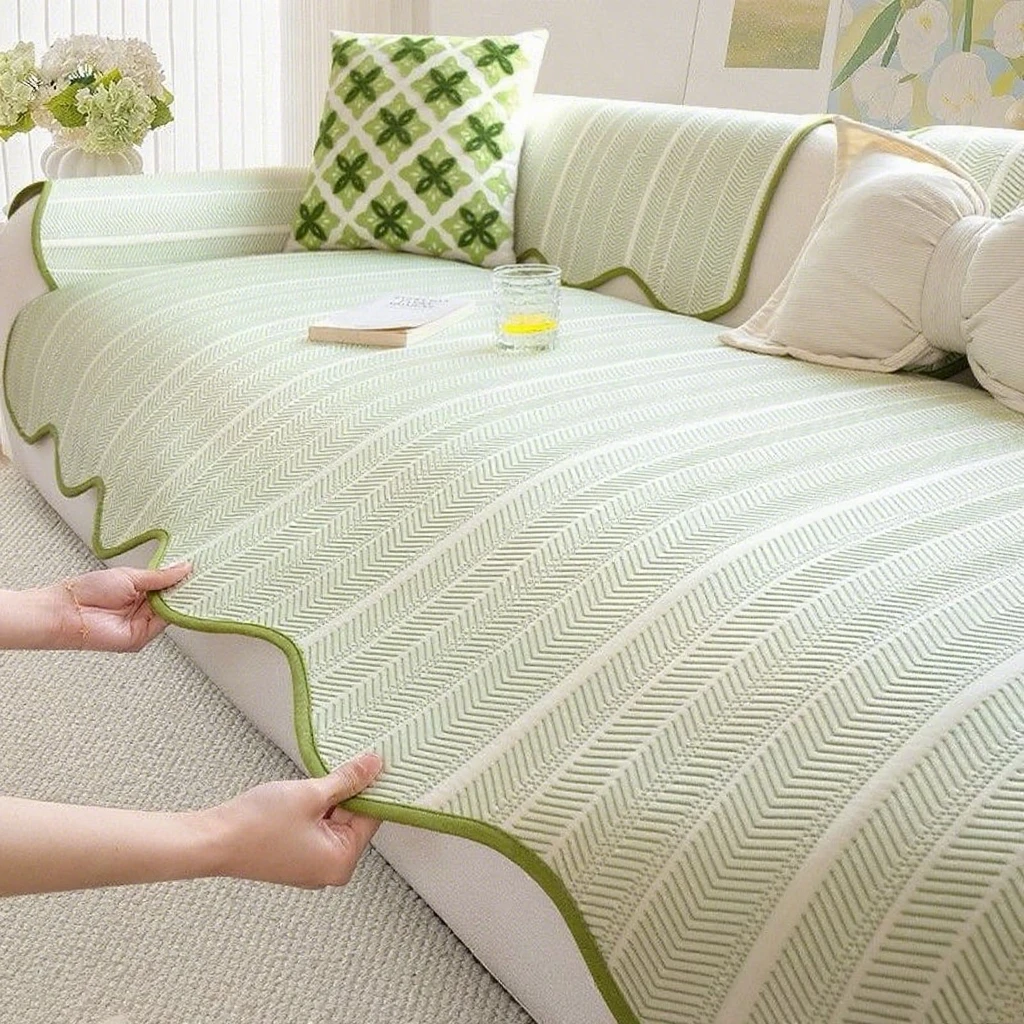 

1PC Cold Feeling Sofa Cover Pad with Backrest Universal Summer Non-slip Couch Cover Ice Silk Striped Sofa Car Seat Cushion Home