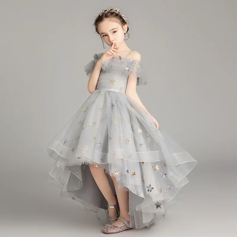 Children\'s Yarn Dress Princess Party Evening Dresses Girls Star Shoulderless Host Piano Performance Dress Kids Wedding Vestidos