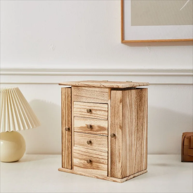 Wooden Jewelry Box with Lid Mirror Large Capacity Jewelry Box Retro Creative Ring Earrings Display Boxes Desktop Storage Case