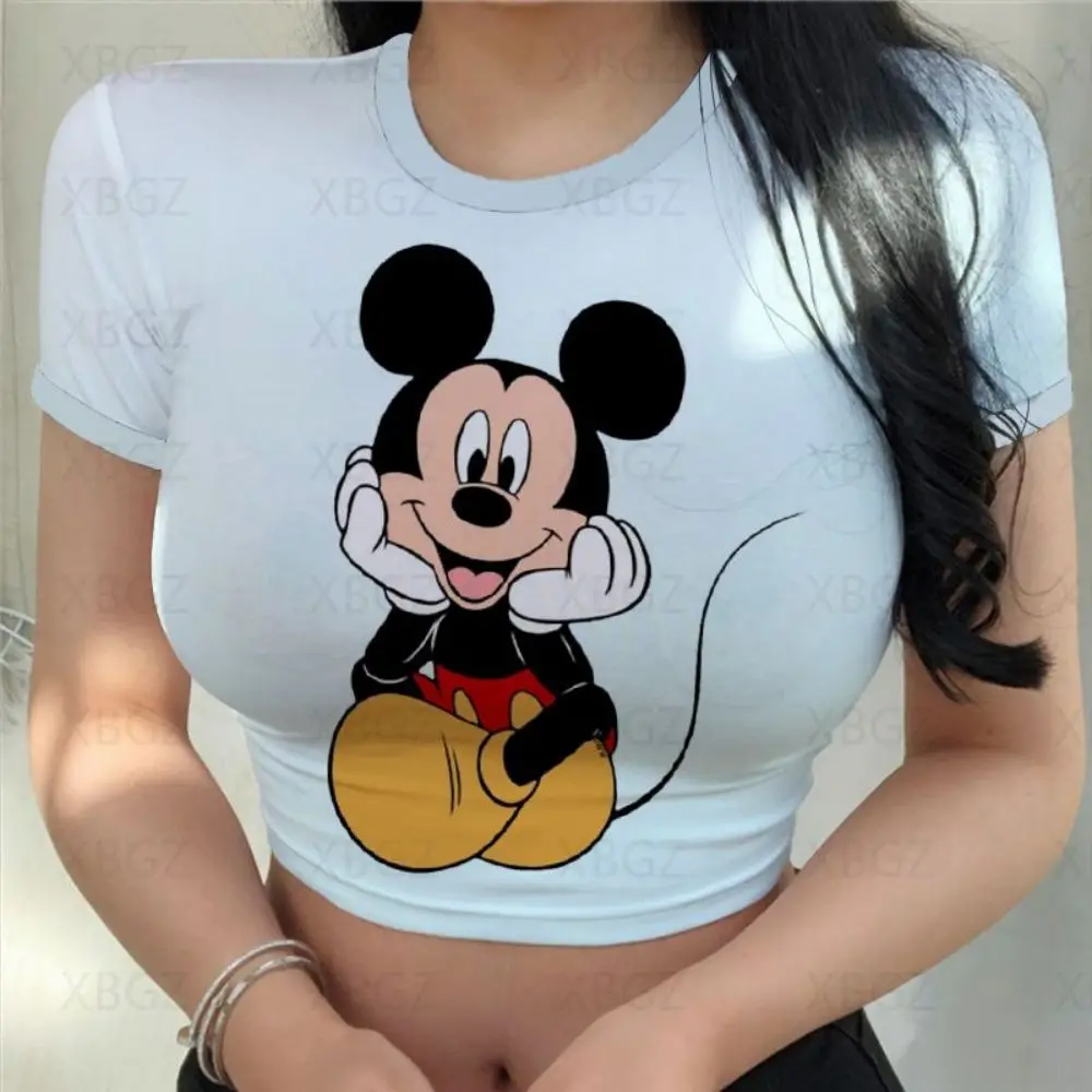 Fashion Woman Blouses 2024 Tight Women's T-shirt Print Y2k Party T-shirts Minnie Mouse Clothes Cartoon Crop Top Disney Slim Fit