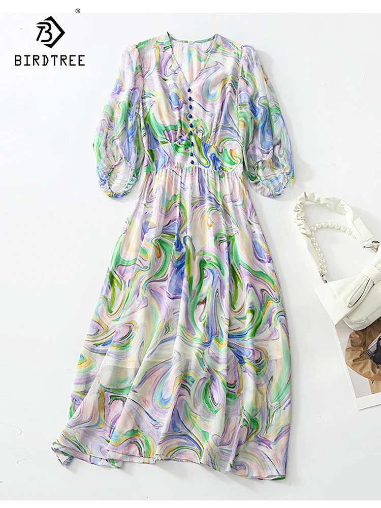 

Birdtree 100%Mulberry Silk Summer Dresses For Women 2023 Elegant V-neck Vintage High Waist Print A-line Long Midi Dress D38123QC