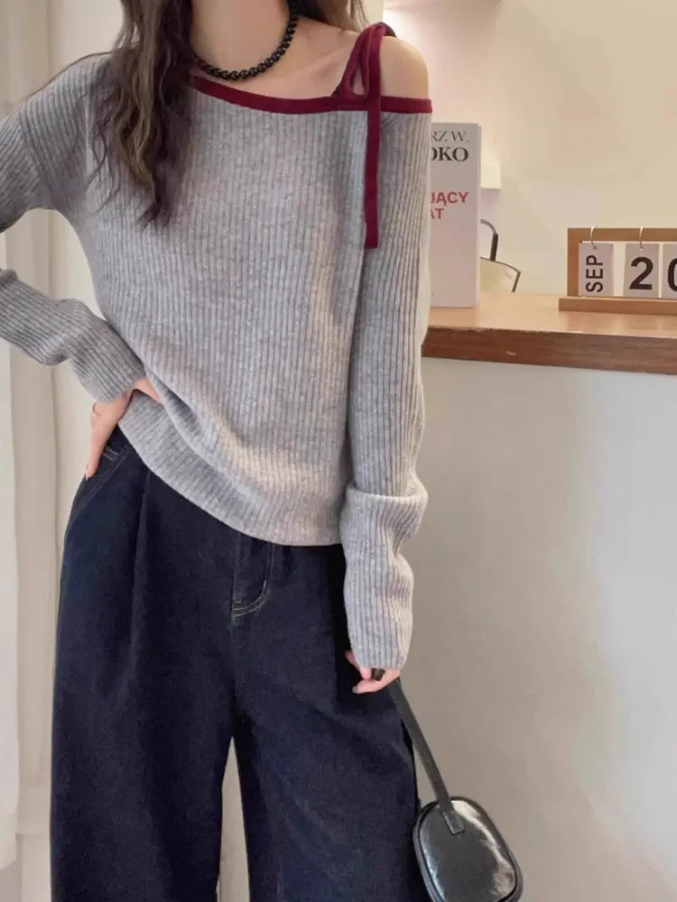 

Sexy Knitted Top Pure Desire Wind with Belt Shoulder Bared Casual High End Long Sleeve Commute Versatile Loose Fit Knitwear