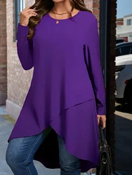 Plus Size Long Sleeve Elegant T-Shirt for Women Solid Color Crew Neck Asymmetrical Dipped Hem Top for Spring/Fall