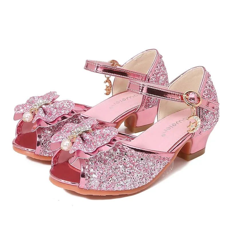 

Summer Kids Sandals for Girls Luxury Sequins Princess Causal Dress Sandals for Wedding Party Fashion Bowtie Children High Heels