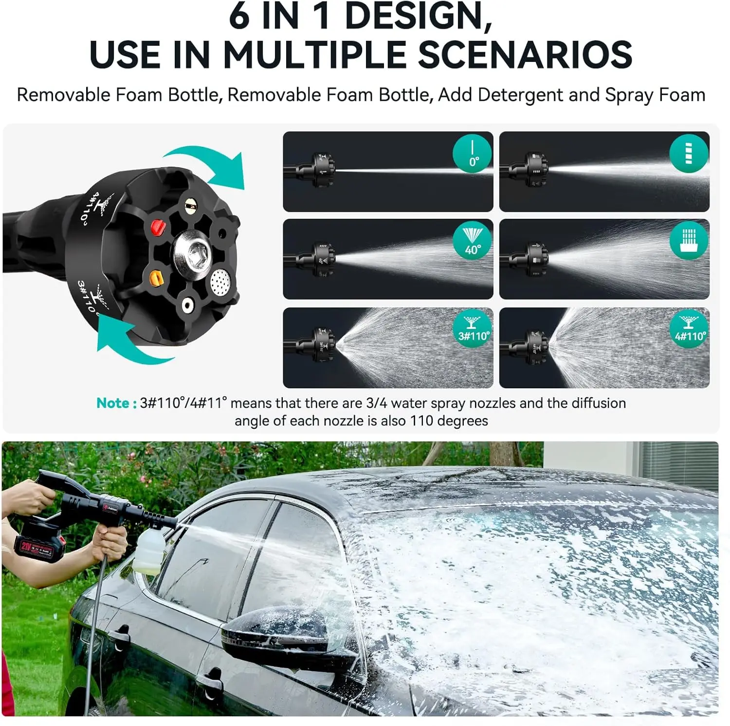 Cordless Pressure Washer 800 PSI, 6-in-1 Nozzle, 1.5 GPM, 16.4ft Hose, Portable Car & Outdoor Cleaner